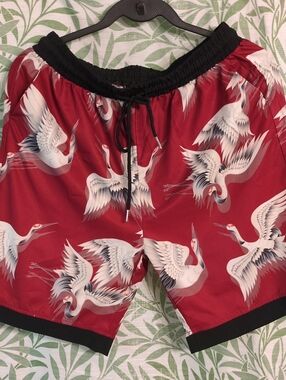 2 Pairs Of Men's Athletic Swim/Run Shorts - Red Crane Print